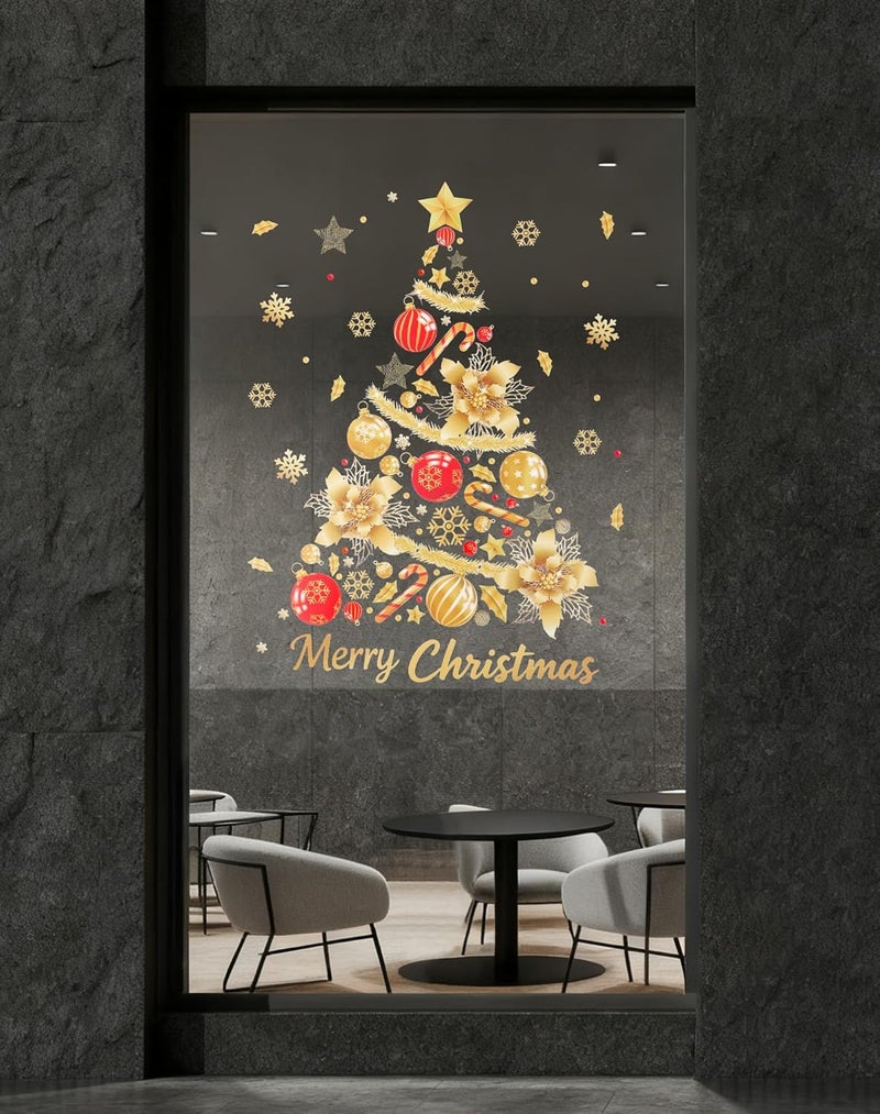 Nullyda Christmas Tree Window Clings for Glass, 19.69 * 15.75 Inch Large Golden Snowflake & Tree Decals, Removable Sticker for Glass Wall Mural Door Showcase DIY Christmas Decor - 2 Pack (Style C) - Image 5